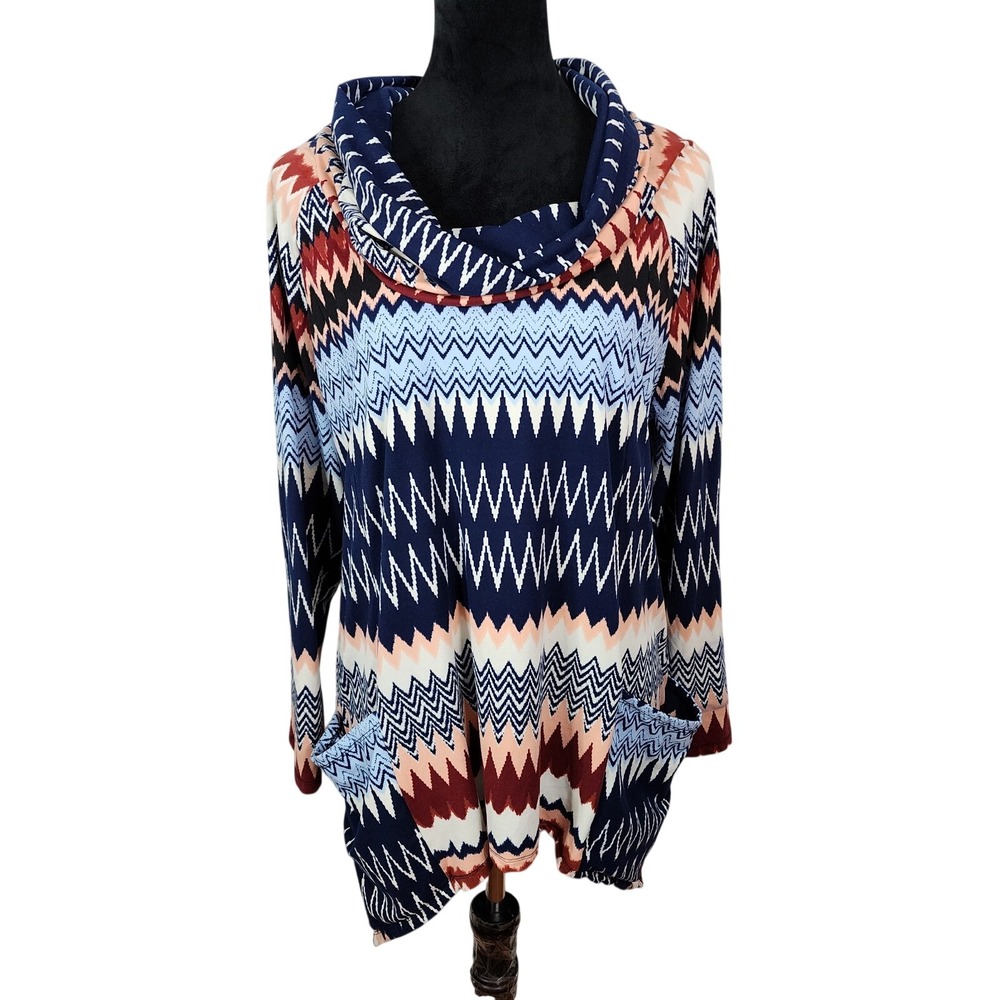 ROBERT LOUIS Size XL Aztec Tribal Chevron Asymmetric Handkerchief Pocket Tunic